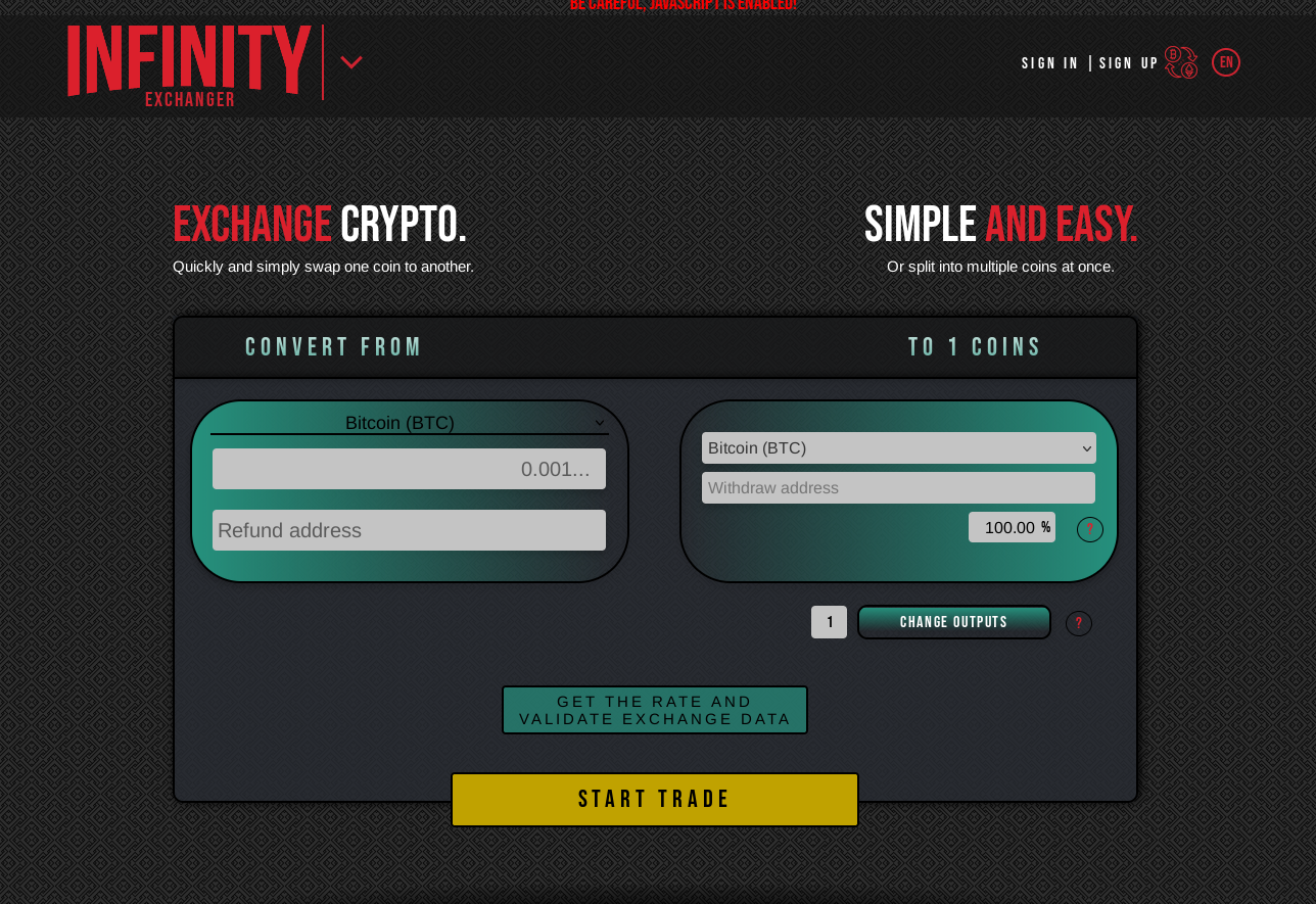 Infinity Exchanger - Anonymous cryptocurrency exchange platform interface showing secure transaction features